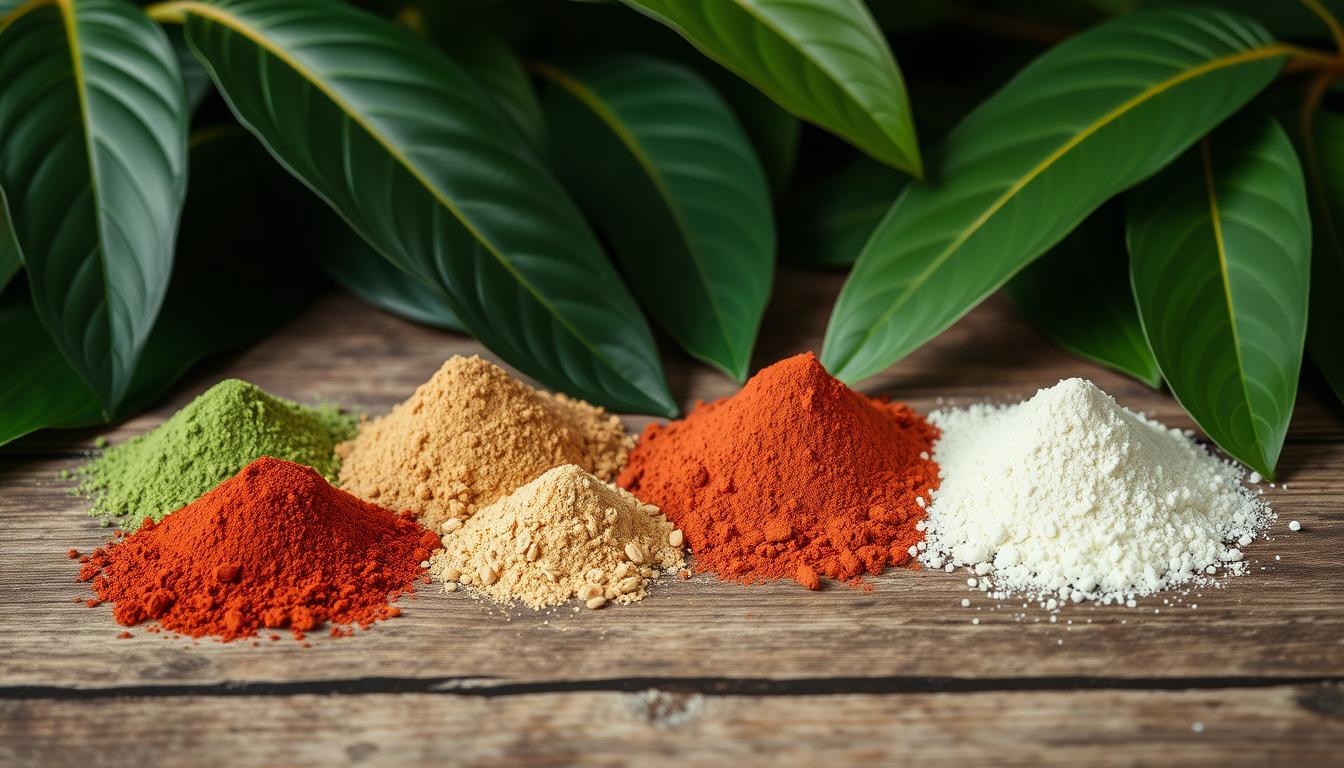 Kratom leaves and powder showing the natural plant source used to buy kratom online