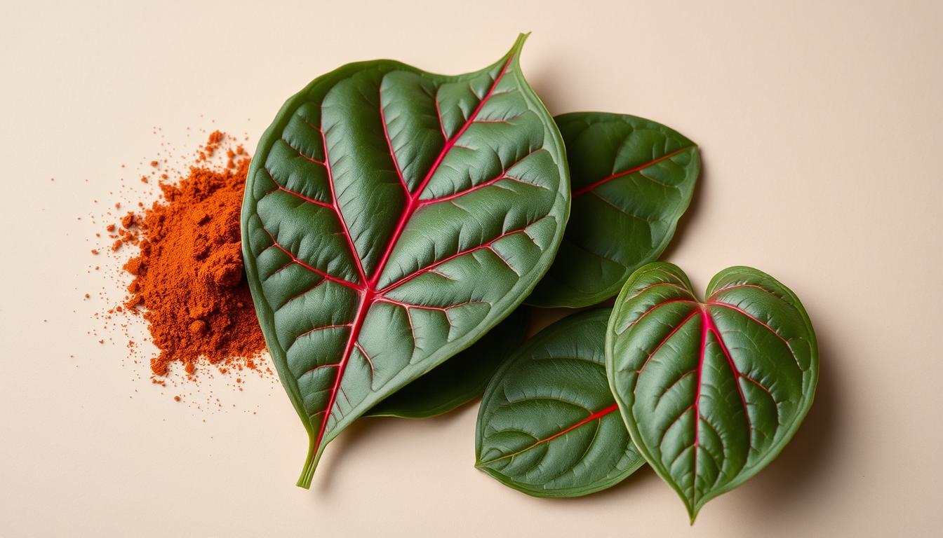 Red Bali Kratom leaves showing distinctive red veins and powder form