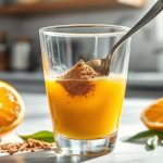 Kratom powder being mixed with orange juice to potentiate kratom