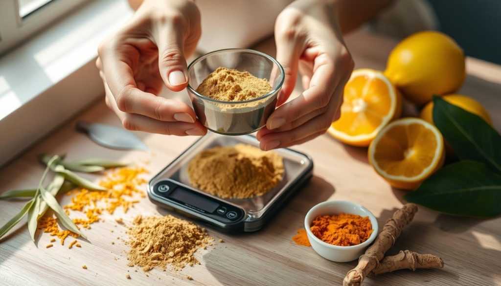 Person responsibly measuring kratom with potentiators nearby