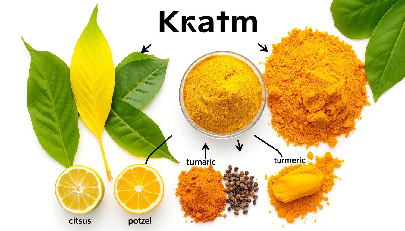 Visual explanation of kratom potentiation showing kratom powder and various potentiators