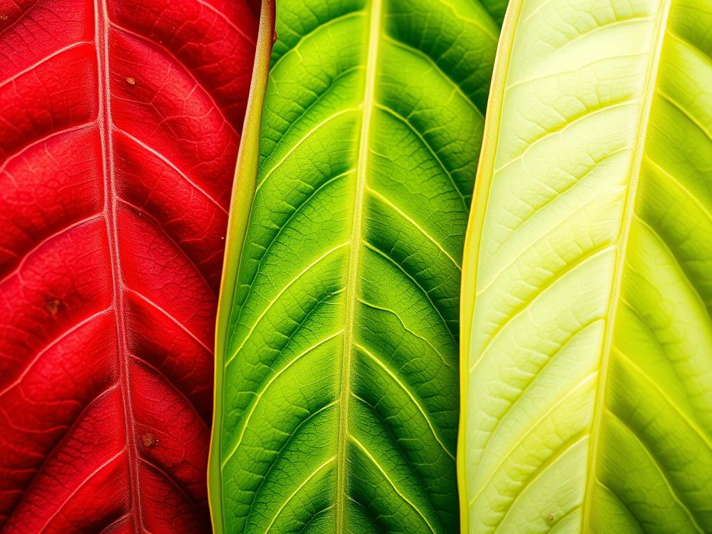 Close-up of red, green, and white kratom leaf veins showing the color differences between kratom strains