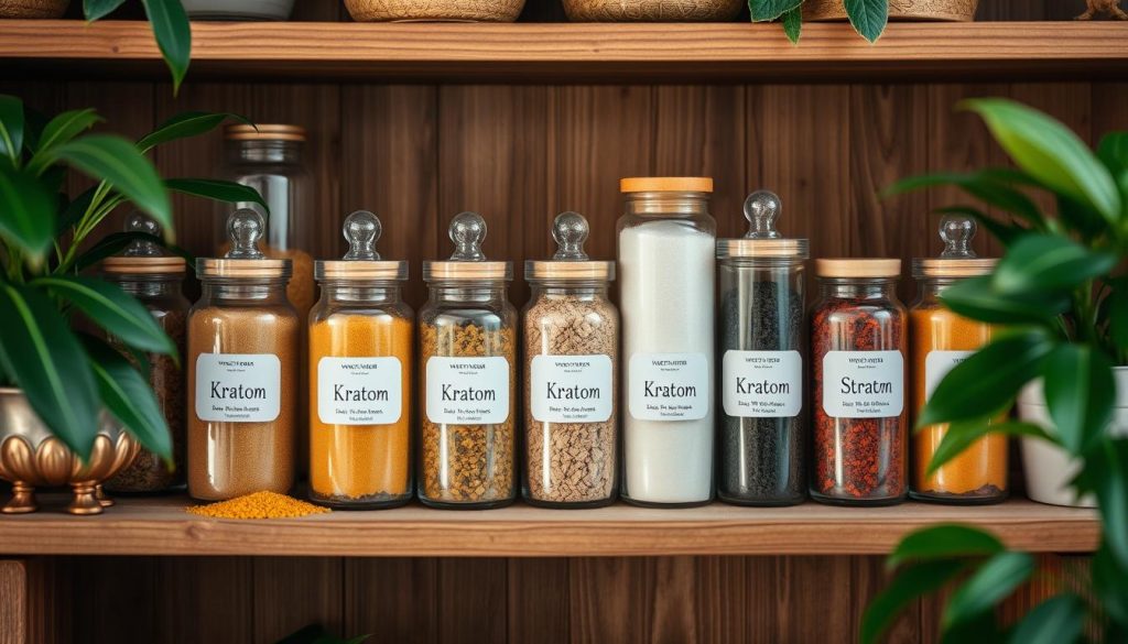Collection of various kratom strains in labeled containers showing the diversity of options