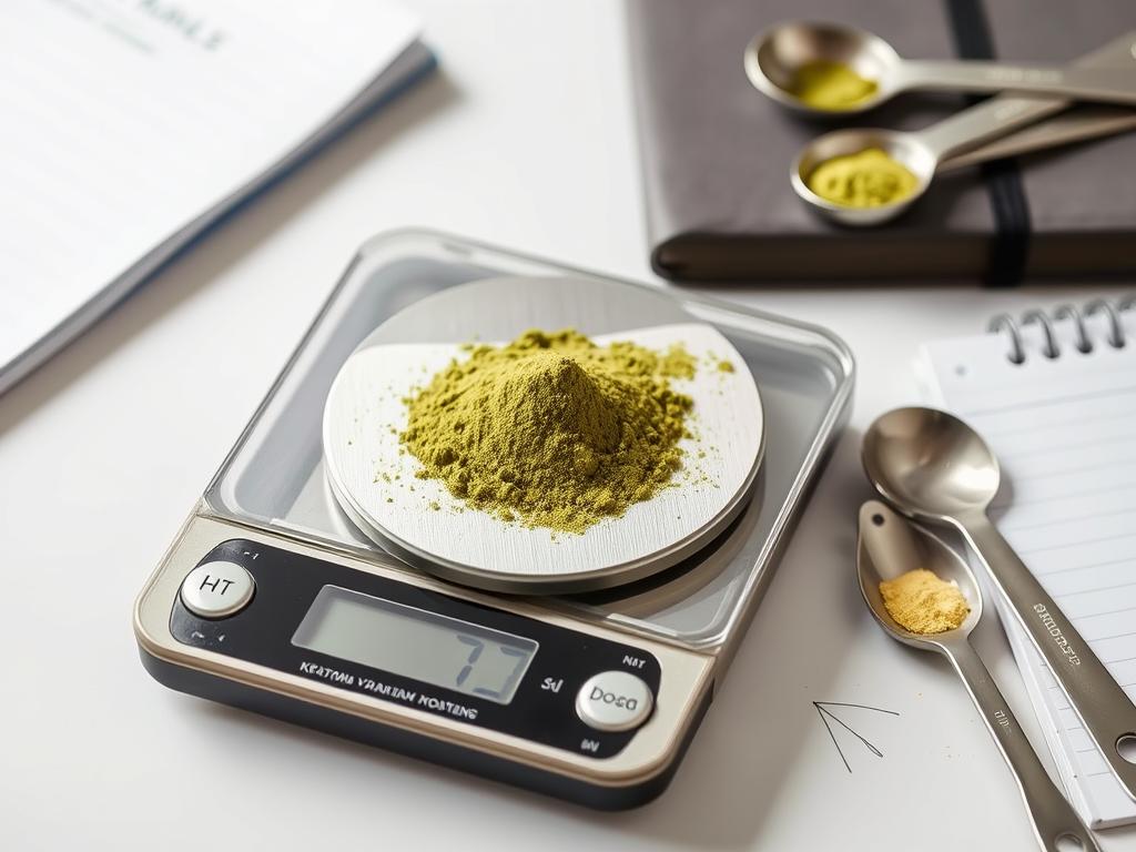 Digital scale measuring kratom powder dosage with measuring spoons nearby