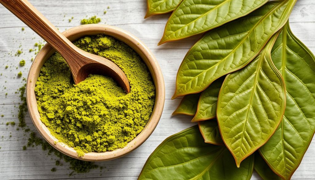 Green vein kratom powder and leaves showing the balanced properties of this kratom strain