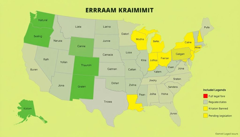 Map of the United States showing kratom legal status by state