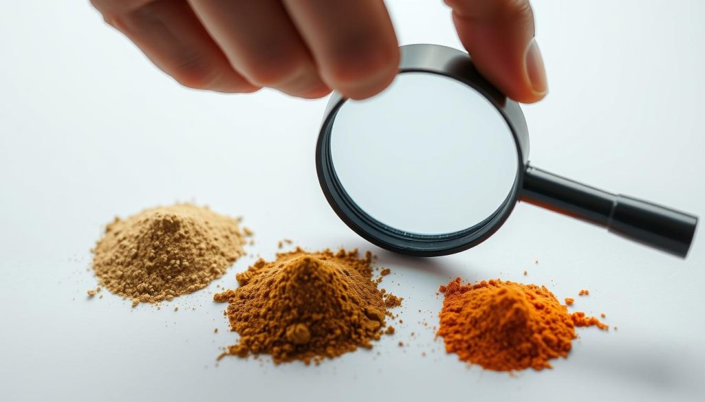 Person examining different kratom strains with a magnifying glass