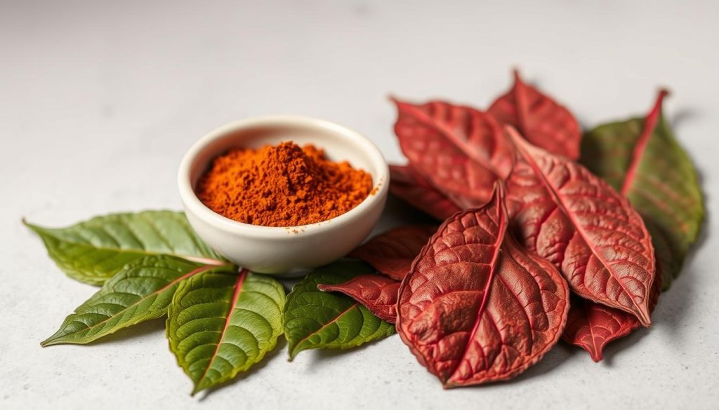 Red vein kratom powder and leaves showing the distinctive reddish color of this kratom strain
