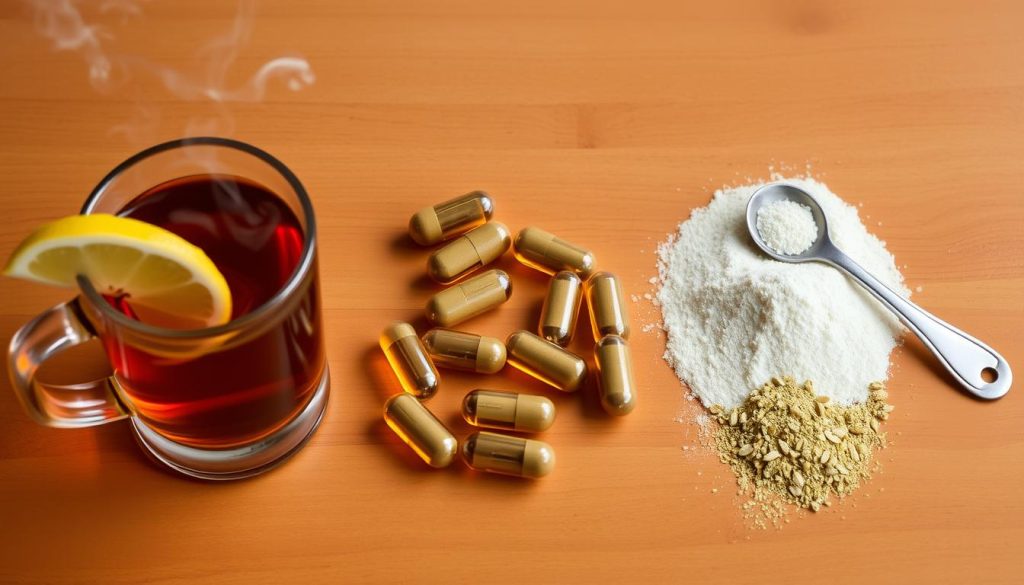 Various kratom consumption methods including tea, capsules, and powder