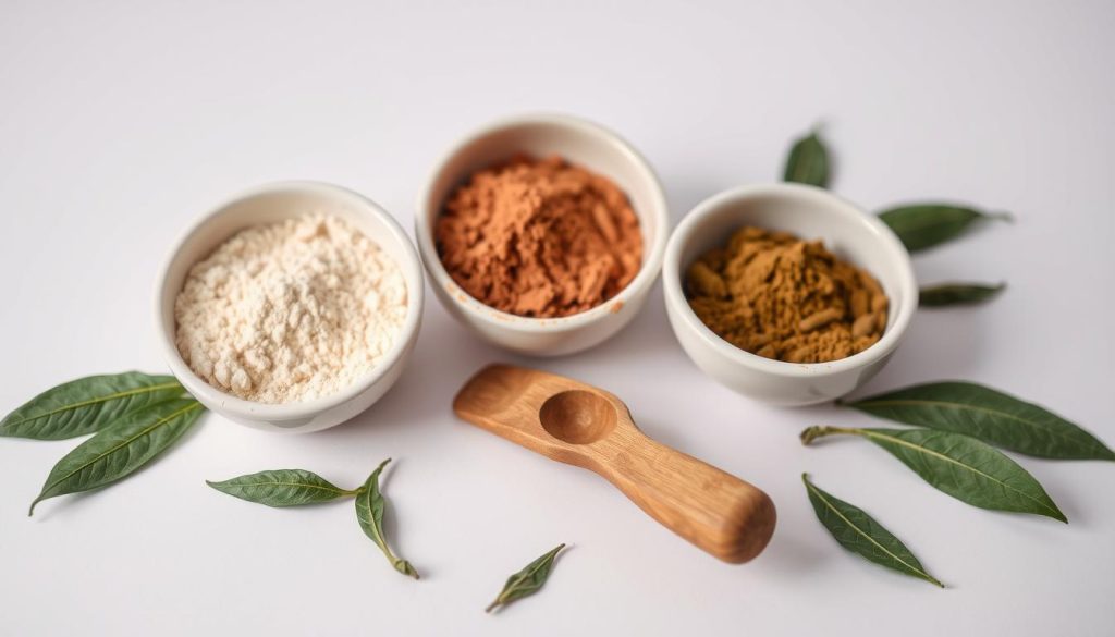Various kratom strain blends showing mixed powders of different colors