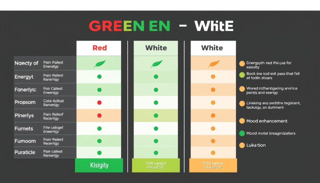 Visual comparison of red, green, and white kratom strains showing their relative effects on energy, pain relief, and relaxation