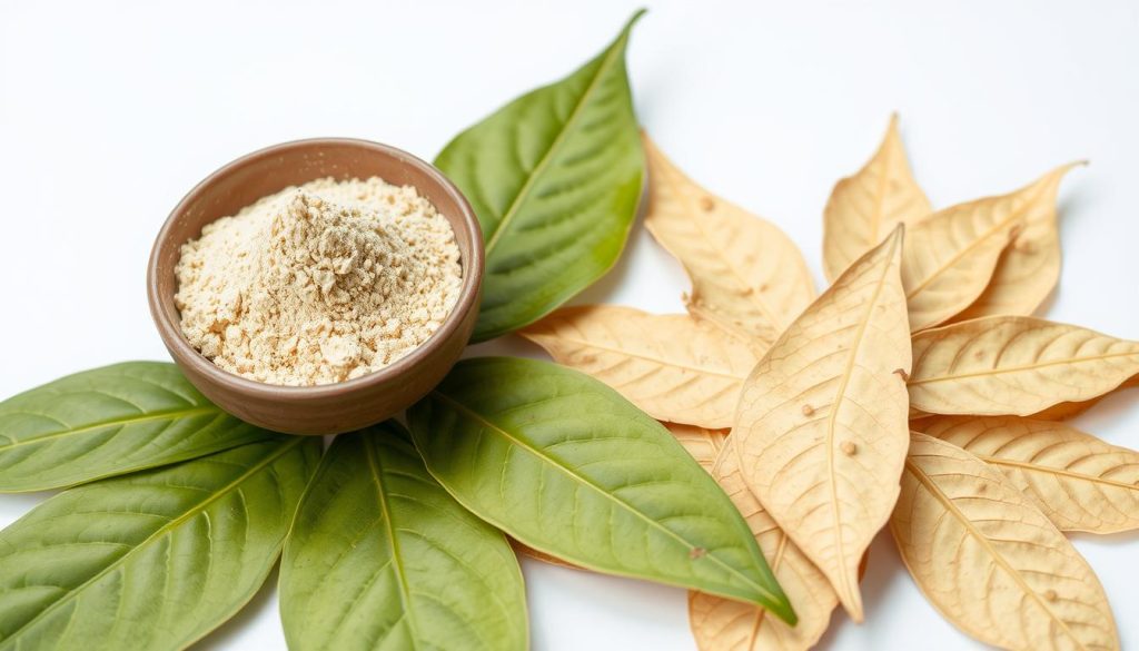 White vein kratom powder and leaves showing the energizing properties of this kratom strain